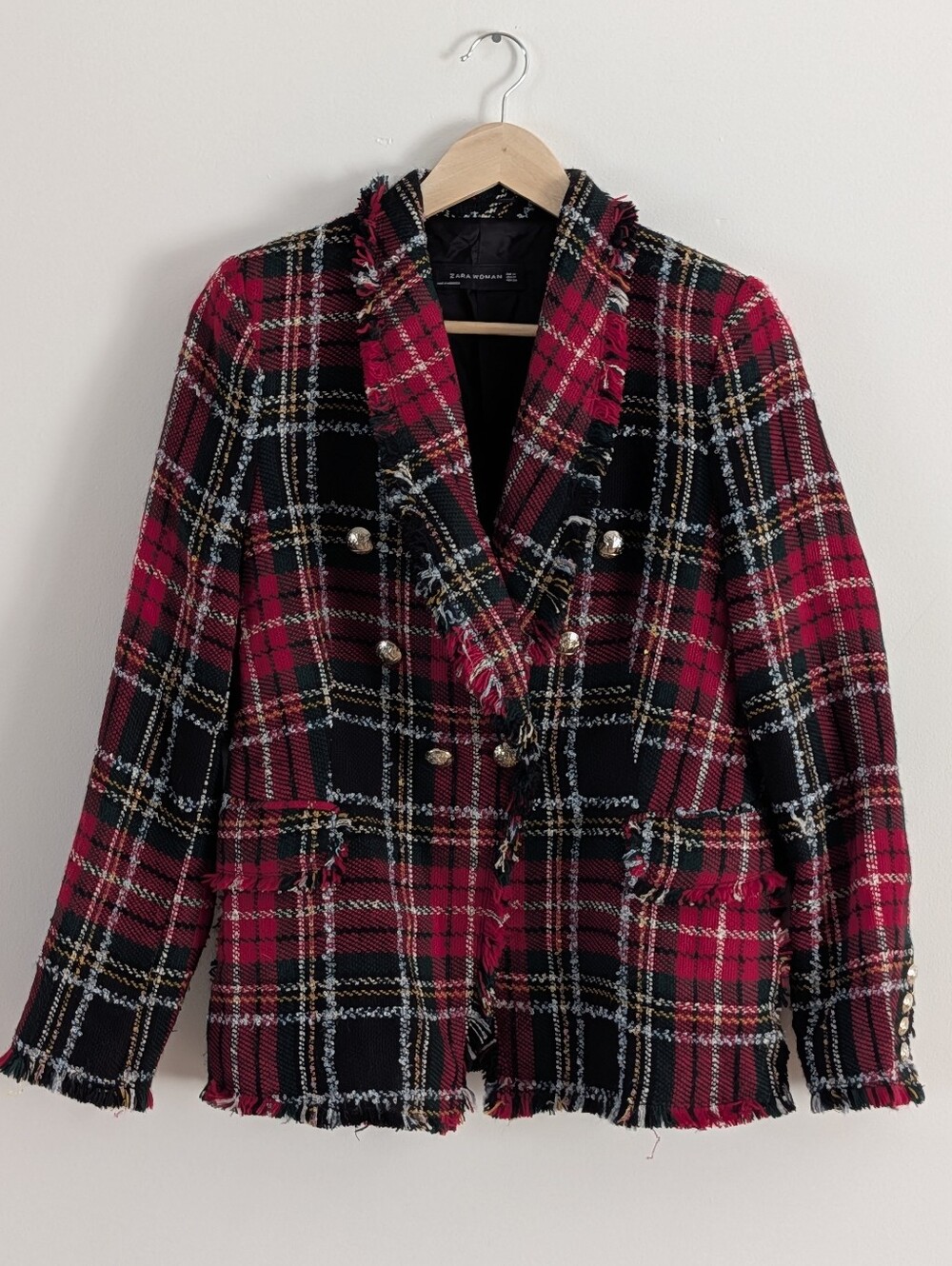 Zara Plaid Tweed Fringe Double-Breasted Blazer - M